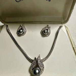 Charter Club Silver Flame Pearl Necklace Earring Set Gray Pavé Boxed Vtg NIB